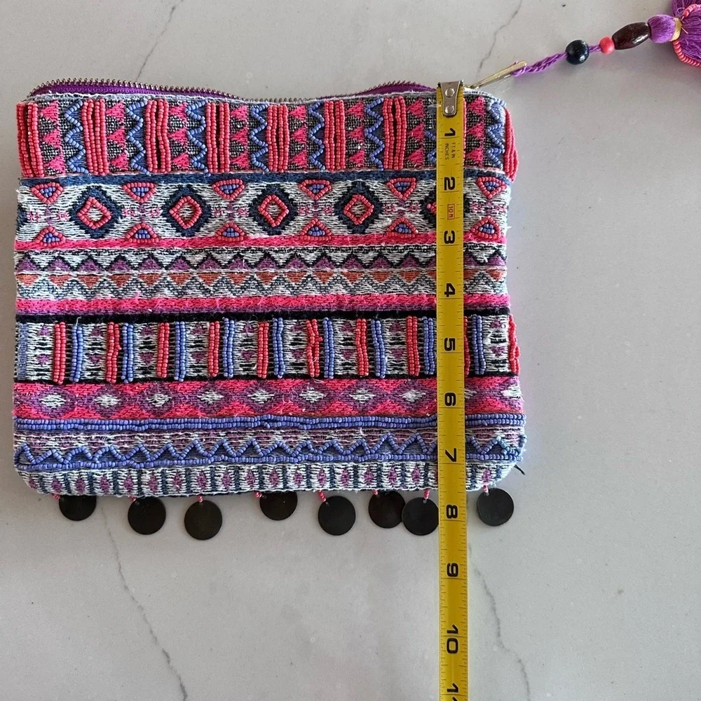 Merona x Target Clutch Purse Zip Closure Tribal  Boho Beaded Fringe Tassel EUC - Picture 7 of 11